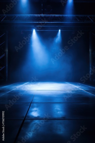 The dark stage shows  empty indigo  navy  midnight blue background  neon light  spotlights  The asphalt floor and studio room with smoke 