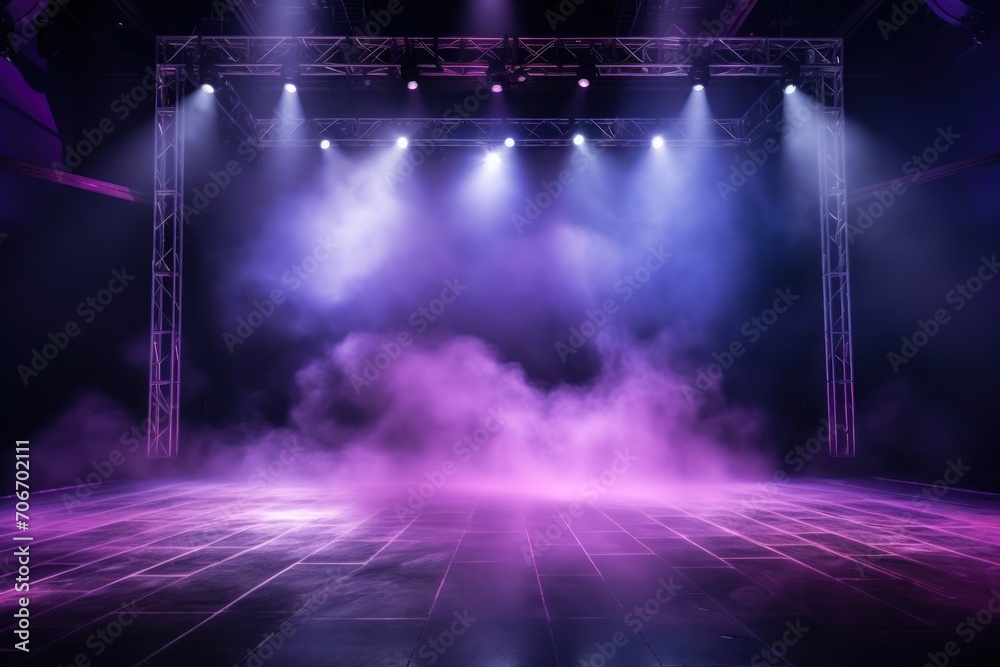 The dark stage shows, empty lavender, violet, periwinkle background, neon light, spotlights, The asphalt floor and studio room with smoke