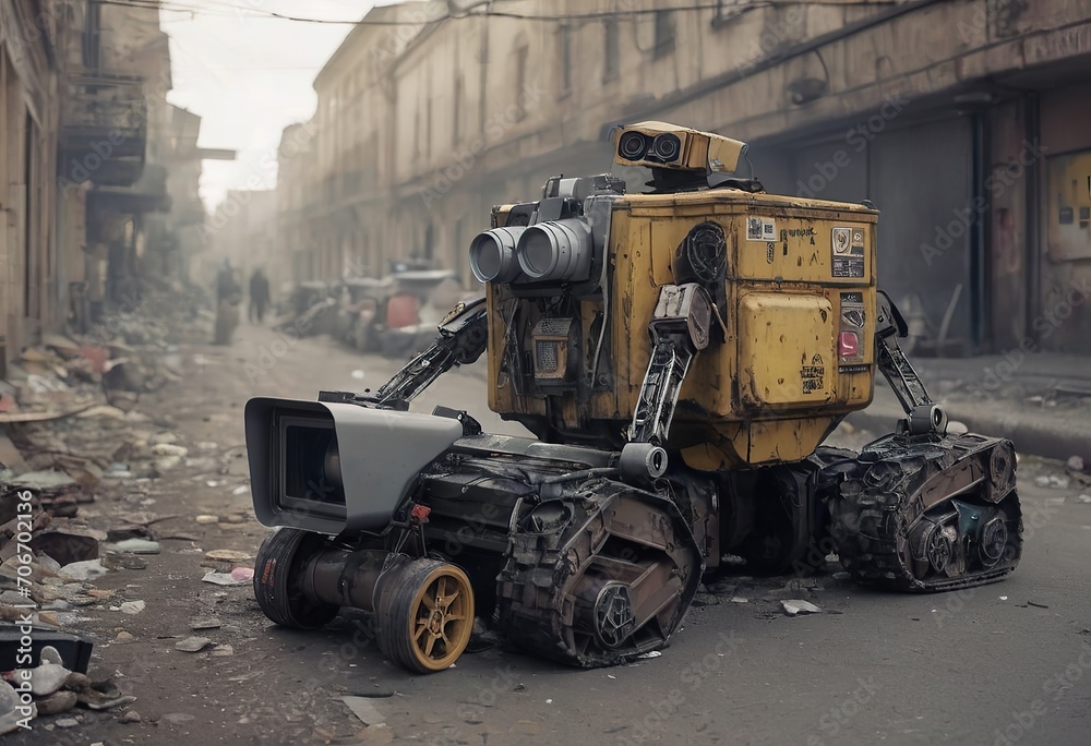 Robot make hard work, transports, cleans up trash garbage container in city.