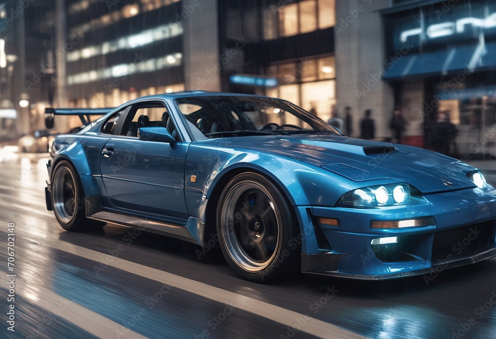 a purple and blue sports car driving down a wet street