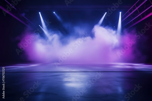 The dark stage shows, empty lavender, violet, periwinkle background, neon light, spotlights, The asphalt floor and studio room with smoke © Lenhard
