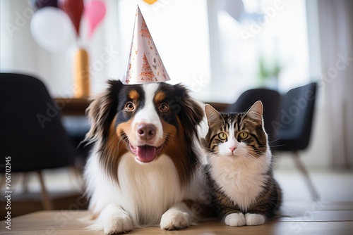 Happy cat and dog Wearing Party Hat for Festive Birthday Celebration with Copy Space © chelmicky