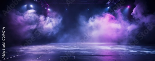 The dark stage shows  empty lavender  violet  periwinkle background  neon light  spotlights  The asphalt floor and studio room with smoke