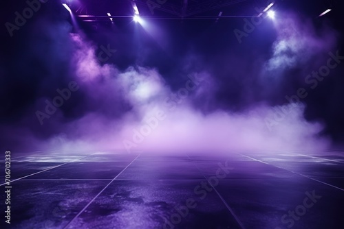 The dark stage shows  empty lavender  violet  periwinkle The dark stage shows  empty lavender  violet  periwinkle background  neon light  spotlights  The asphalt floor and studio room with smoke