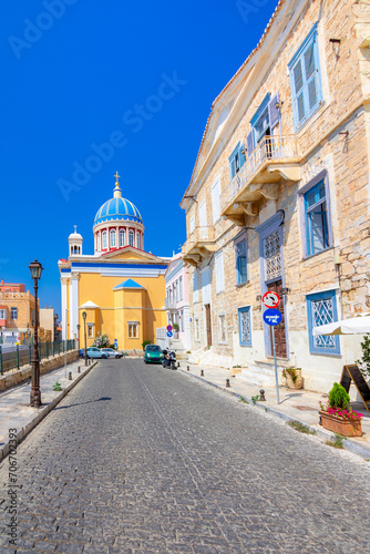 Panoramic view of Ermoupoli and Ano Syra towns in Syros island, Cyclades islands, Greece, Europe. © gatsi
