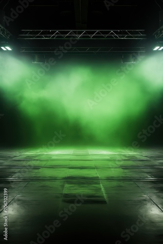 The dark stage shows, empty lime, olive, chartreuse The dark stage shows, empty lime, olive, chartreuse background, neon light, spotlights, The asphalt floor and studio room with smoke