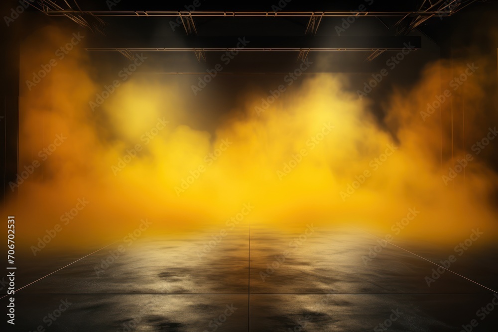 The dark stage shows, empty mustard, ochre, amber background, neon light, spotlights, The asphalt floor and studio room with smoke