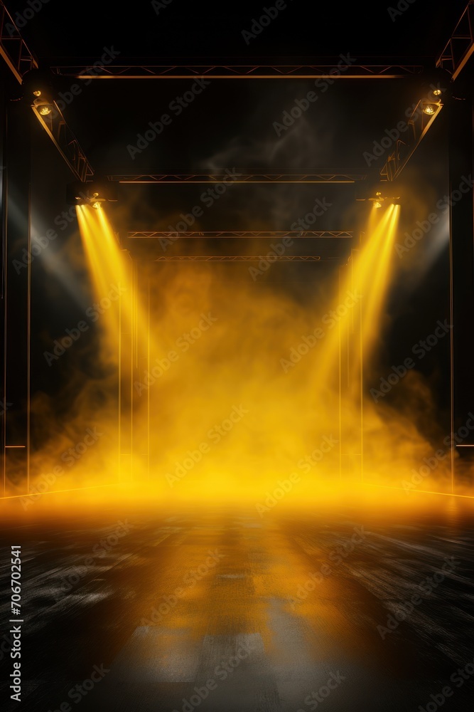 The dark stage shows, empty mustard, amber, ochre The dark stage shows, empty mustard, ochre, amber background, neon light, spotlights, The asphalt floor and studio room with smoke