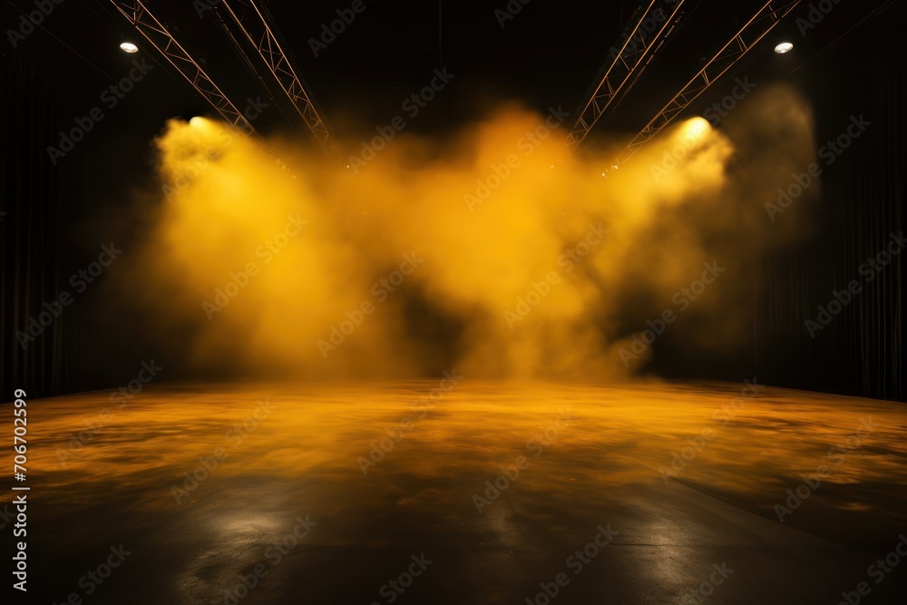 The dark stage shows, empty mustard, ochre, amber The dark stage shows, empty mustard, ochre, amber background, neon light, spotlights, The asphalt floor and studio room with smoke