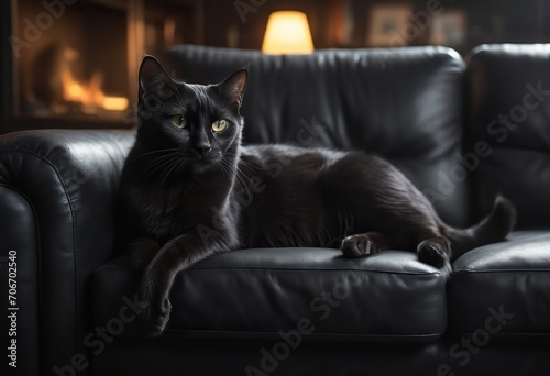 Black cat on an armchair with wear marks in front of the window on a warm day © Алексей Ковалев
