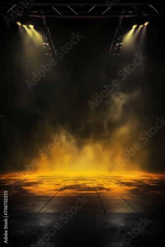 The dark stage shows  empty mustard  ochre  amber background  neon light  spotlights  The asphalt floor and studio room with smoke