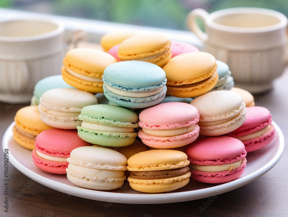 A plate filled with an array of vibrant and assorted macarons in different flavors.