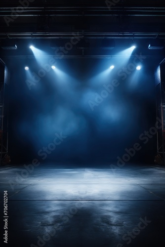 The dark stage shows  empty navy  indigo  midnight blue background  neon light  spotlights  The asphalt floor and studio room with smoke