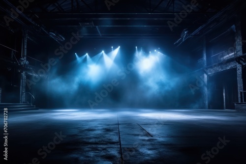 The dark stage shows, empty navy, indigo, midnight blue background, neon light, spotlights, The asphalt floor and studio room with smoke