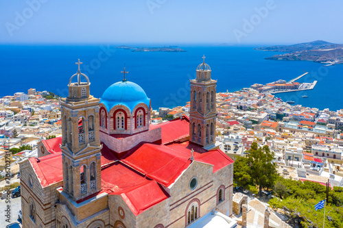 Panoramic view of Ermoupoli and Ano Syra towns in Syros island, Cyclades islands, Greece, Europe. photo