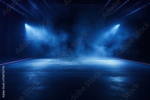 The dark stage shows, empty navy, indigo, midnight blue background, neon light, spotlights, The asphalt floor and studio room with smoke