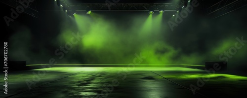 The dark stage shows  empty olive  lime  chartreuse background  neon light  spotlights  The asphalt floor and studio room with smoke