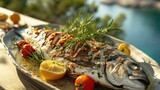grilled sea bass, Mediterranean herbs in motion with a view of the sea in the background