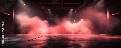 The dark stage shows, empty peachy, rose, blush background, neon light, spotlights, The asphalt floor and studio room with smoke © Lenhard