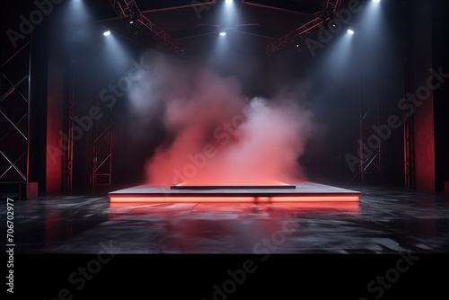 The dark stage shows, empty peachy, rose, blush background, neon light, spotlights, The asphalt floor and studio room with smoke © Lenhard