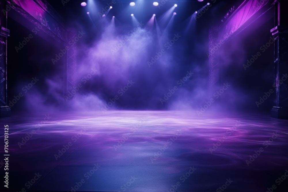 The dark stage shows, empty periwinkle, lavender, violet The dark stage shows, empty periwinkle, lavender, violet background, neon light, spotlights, The asphalt floor and studio room with smoke