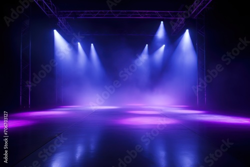 The dark stage shows, empty periwinkle, lavender, violet background, neon light, spotlights, The asphalt floor and studio room with smoke