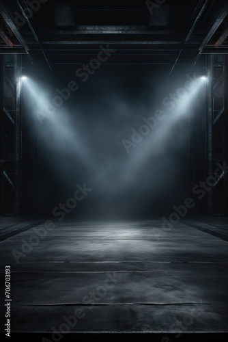 The dark stage shows  empty pewter  steel  slate background  neon light  spotlights  The asphalt floor and studio room with smoke
