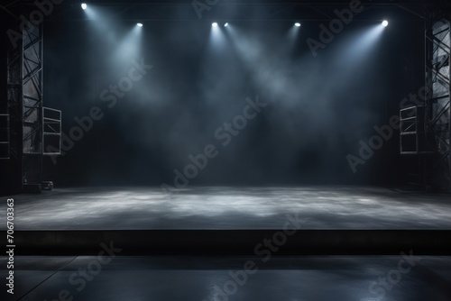 The dark stage shows  empty pewter  steel  slate background  neon light  spotlights  The asphalt floor and studio room with smoke