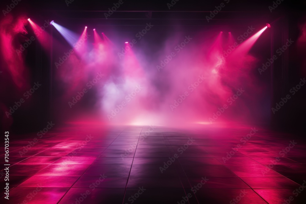 The dark stage shows, empty raspberry, hot pink, magenta background, neon light, spotlights, The asphalt floor and studio room with smoke - obrazy, fototapety, plakaty 