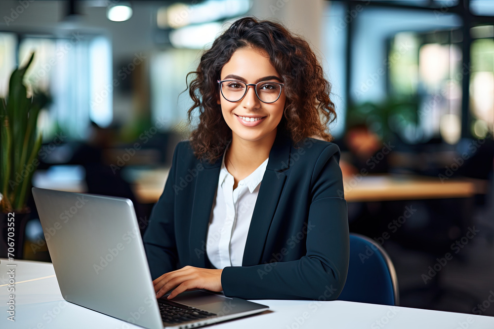 Cheerful Young Latina Executive at Desk, Focused on Laptop Exploring Innovative Business AI Solutions Cheerful Young Latina Executive at Desk, Focused on Laptop Exploring Innovative Business AI Solutions