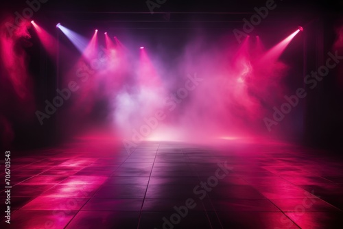 The dark stage shows  empty raspberry  hot pink  magenta background  neon light  spotlights  The asphalt floor and studio room with smoke