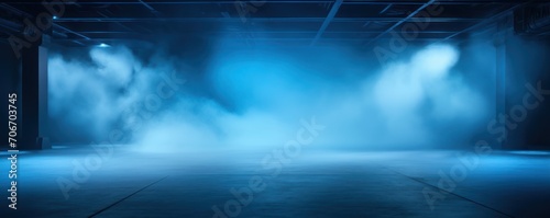 The dark stage shows, empty steel, slate, pewter background, neon light, spotlights, The asphalt floor and studio room with smoke © Lenhard