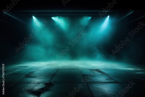 The dark stage shows, empty turquoise, aquamarine, teal background, neon light, spotlights, The asphalt floor and studio room with smoke