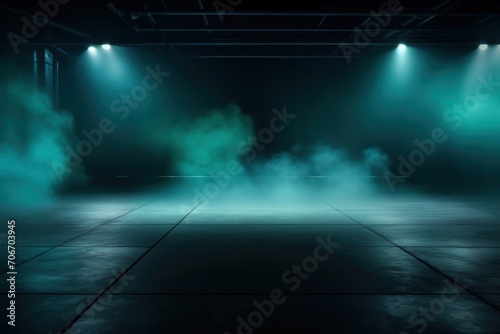 The dark stage shows, empty turquoise, aquamarine, teal background, neon light, spotlights, The asphalt floor and studio room with smoke