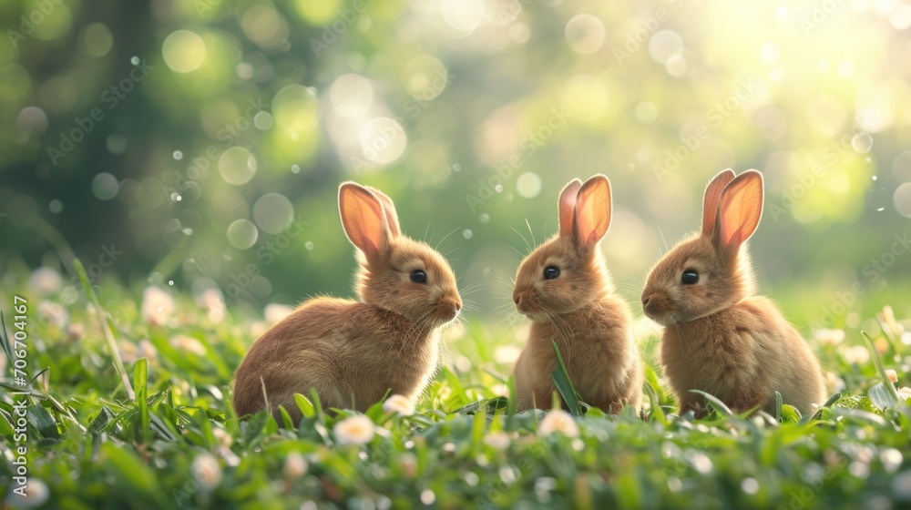 Tranquil Gathering of Three Young Rabbits Amidst Verdant Flora