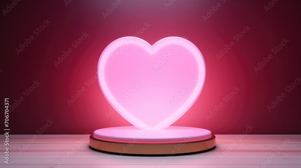 red, pink background for Valentine's Day. with cylinder pedestal, podium. Neon glowing heart. mockup product display