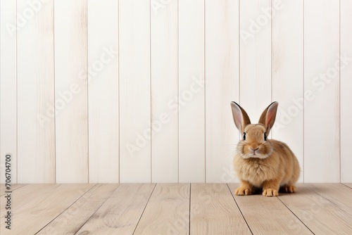Adorable fluffy rabbit sitting and looking at the camera with copy space. Easter
