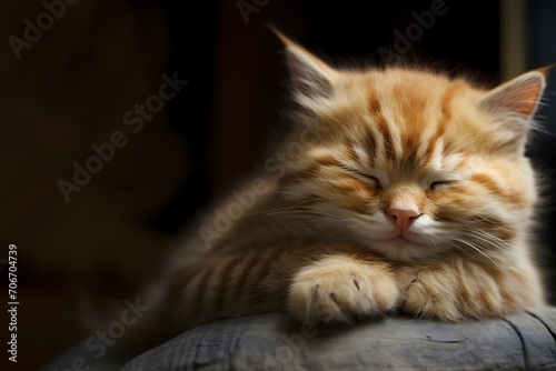 Cute little ginger kitten sleeping peacefully, photo of a cute sleeping kitten