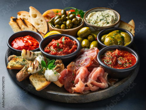 An appetizing arrangement of small tapas dishes served on a platter, perfect for sampling diverse flavors.