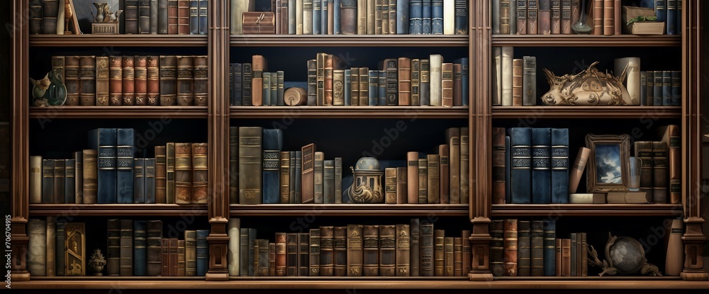 A wooden bookcase filled with books in a home setting, library shelves with books