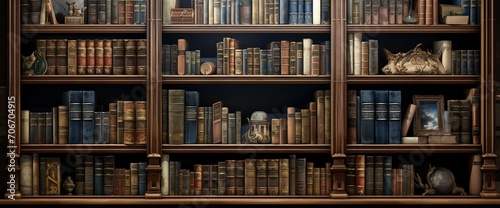 A wooden bookcase filled with books in a home setting, library shelves with books