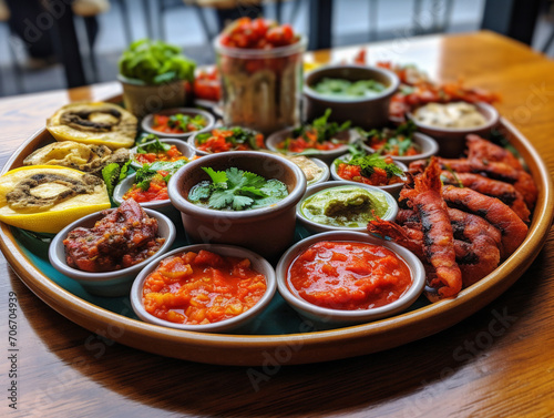 A mouth-watering platter of various small tapas dishes, invitingly arranged with vibrant colors and flavors.