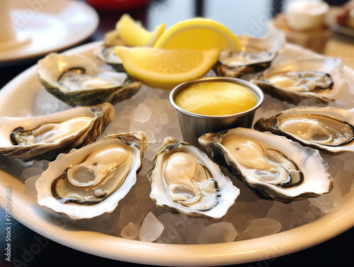 An appetizing display of raw oysters on a serving plate, ready to be savored.