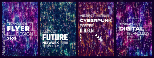 Set of futuristic halftone cyberpunk glitchy posters. Colorful dotted digital technology design for brochure, flyer, magazine, business card, banner. Hi-tech and Big data concept. Vector illustration