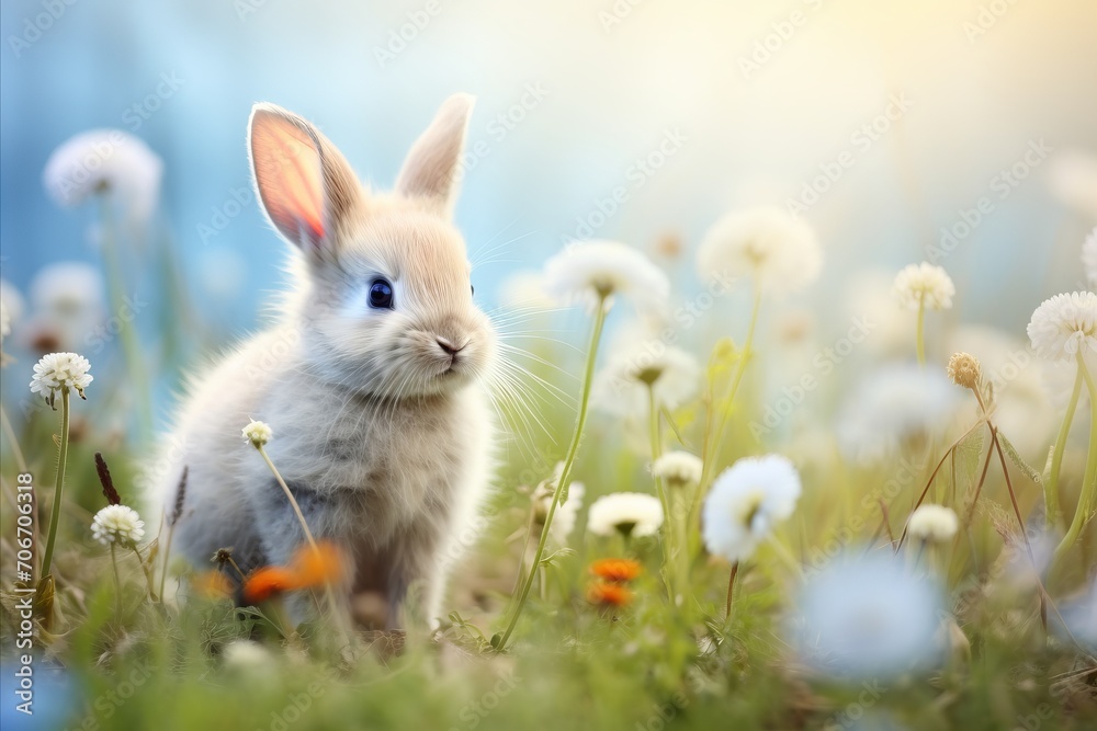 Adorable Little Rabbit Relaxing in a Field of Summer Flowers with Ample Space for Text. Easter Adorable Little Rabbit Relaxing in a Field of Summer Flowers with Ample Space for Text. Easter
