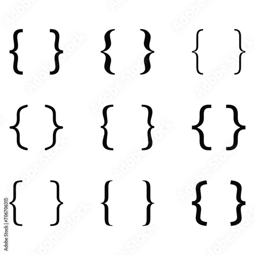 Black bracket set. Curly braces, double symmetric brackets. Vector kit Typography symbols pair, frames for punctuation, maths elements sign text quote photo