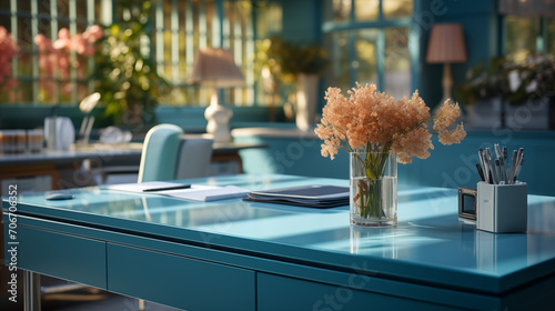 A stylish blue office desk with papers, flowers and Office supplies  #706706352