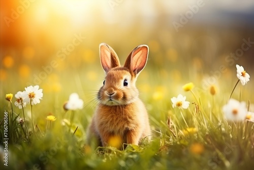 Adorable Little Rabbit Relaxing in a Field of Summer Flowers with Ample Space for Text. Easter © chelmicky