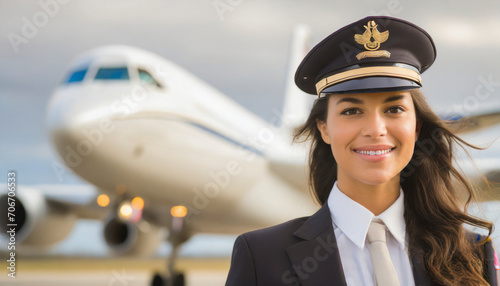 Portrait of young woman pilot standing in front of airplane at the airport photo