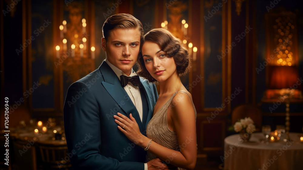 Stunning young couple at a 1920s themed event, man in tuxedo and woman ...